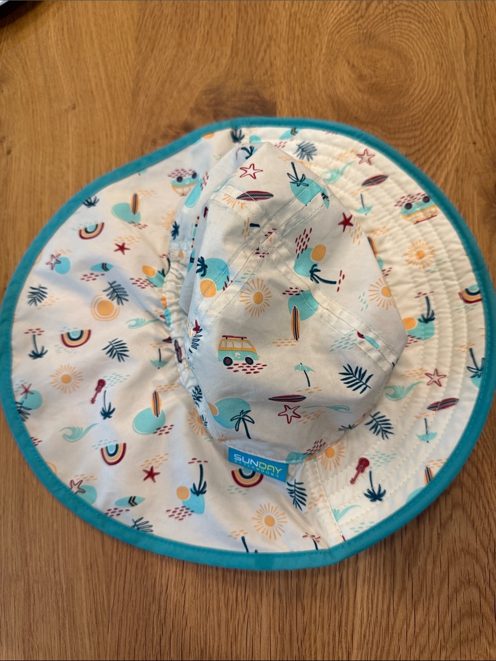 Sunday Afternoons Kids Sun Hat with Turquoise Trim and Beach Print 6-12 months